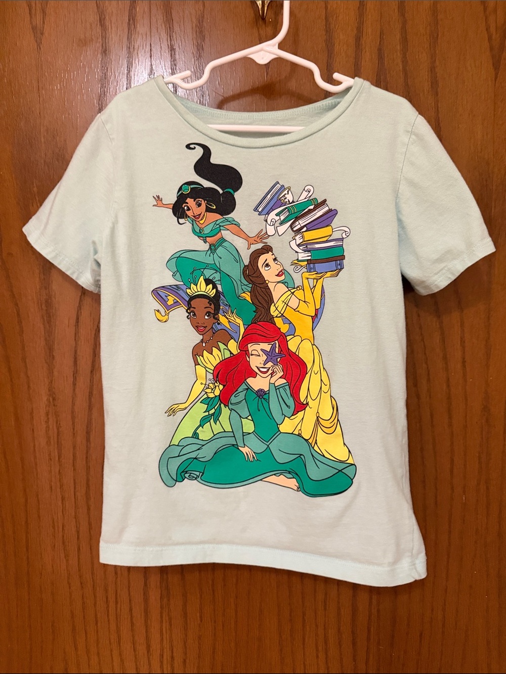 Disney Mint Girls Short Sleeve Tee with Multicolor Princess Print
